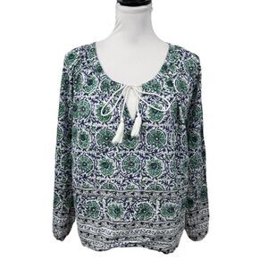 Cynthia Rowley Blouse Size L Floral 100% Cotton Drawstring V Neck Blue Green Top